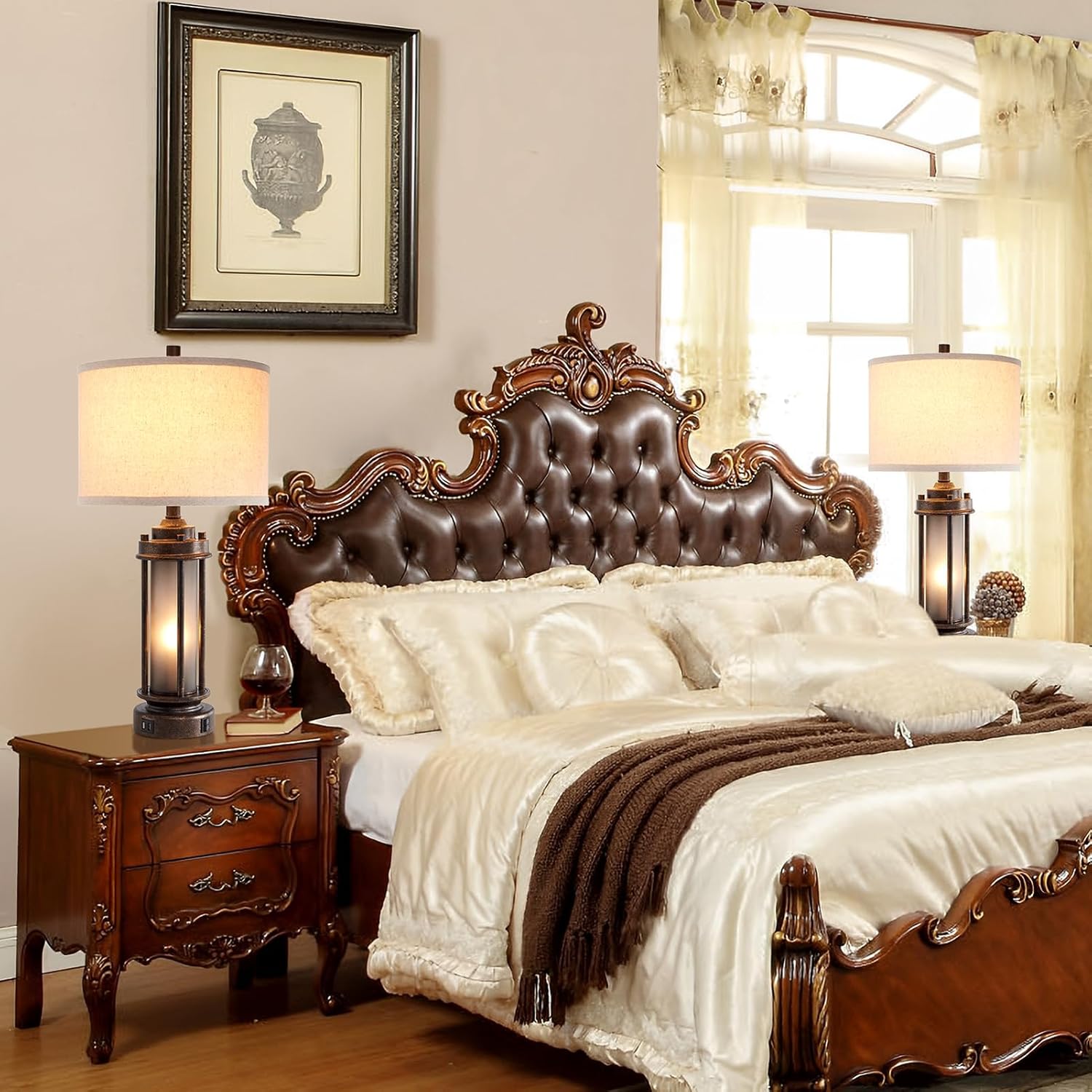 Set of 2 Farmhouse Lamps for Living Room, Rustic Vintage Bedroom Nightstand Table Lamp with 2 USB Charging Ports, Built-In Frosted Glass Night Light for End Table Entryway, 4 Bulbs Included (Bronze) - Image 3