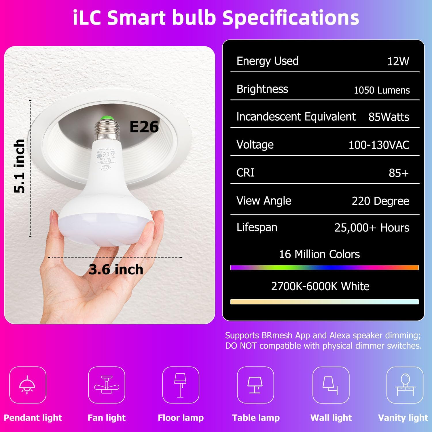 ILC BR30 Led Bulb, Alexa Flood Light Bulbs, Compatible with Alexa Required Echo Device, (Equivalent to 70W) Color Changing, Turnable 2700K-6000K Indoor(6 Packs) - Image 9
