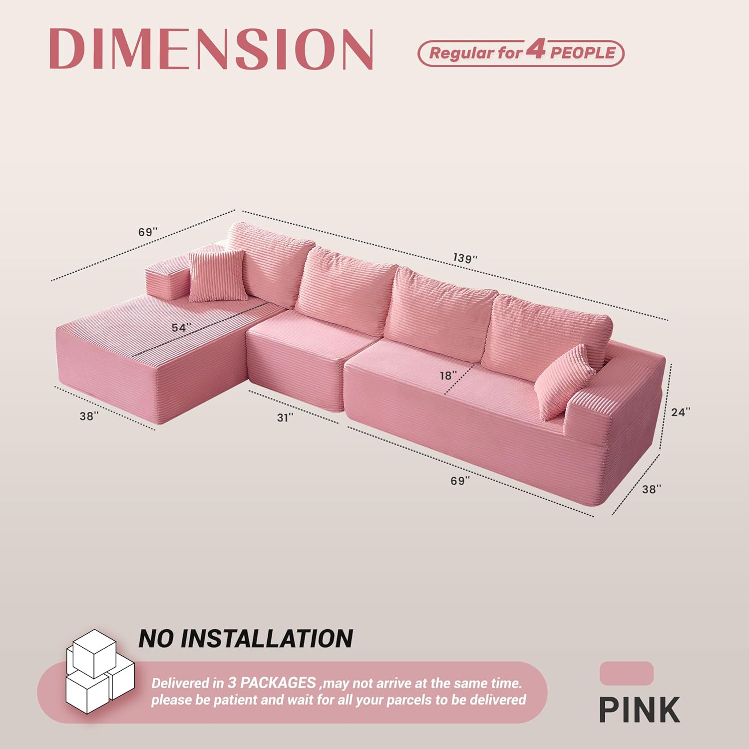 138" Boneless Couch with Deep Seat, Set of Modular Sectional Sofa, Cloud Sectional Couch for Living Room, No Assembly Required, Corduroy, 4 Seater L-Shape Left, Pink - Image 2