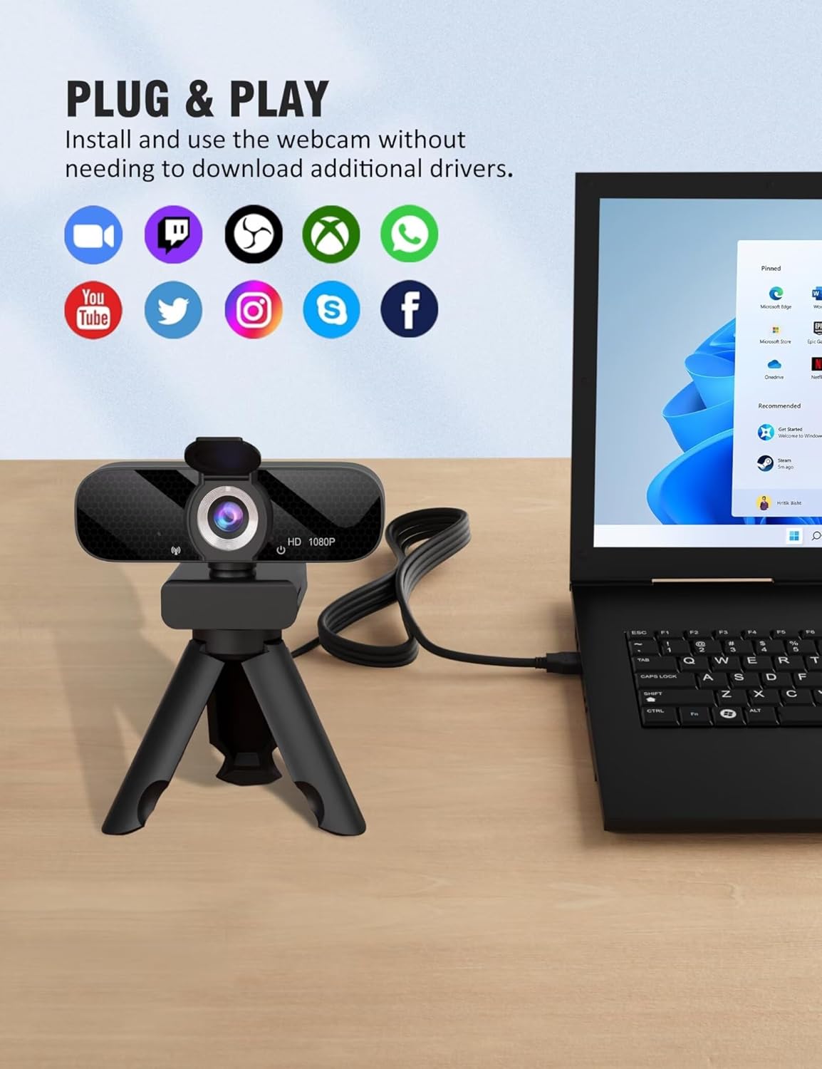 Tewiky Full HD Webcam with Built-in Microphone and Rotatable Tripod, 1080P Video and Wide Angle Camera, Privacy Cover, for Desktop PC or Laptop Computer - Image 5