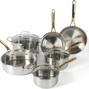 Martha Stewart Castelle 10 Piece 18/8 Durable Stainless Steel Induction Safe Pots and Pans Non-Toxic Kitchen Cookware Set – Gold Handles – Dishwasher Safe