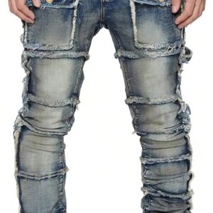 Stretch Stacked Jeans Mens Slim Fit Ripped Cargo Jeans Distressed Straight Leg Hip Hop Trousers with Pockets