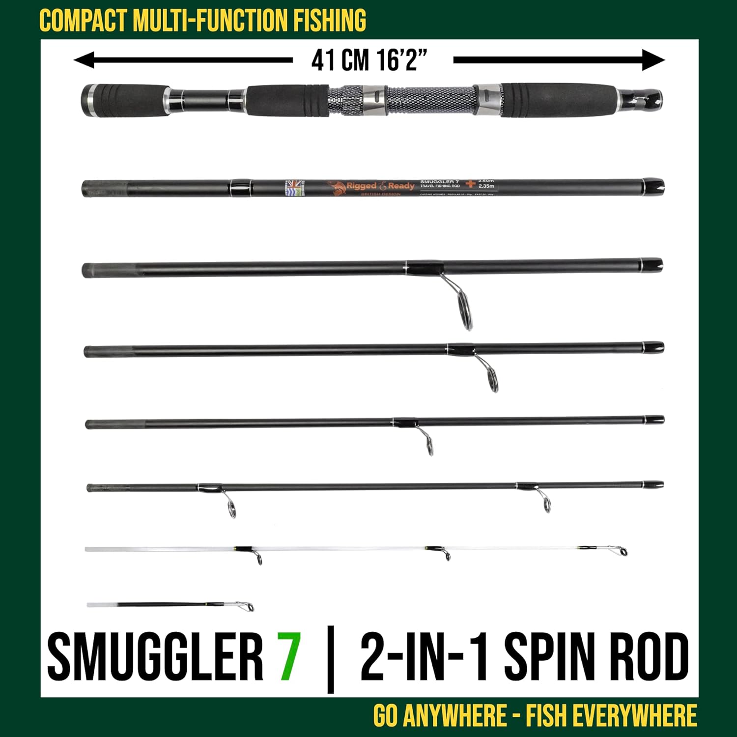 Rigged and Ready Smuggler Series™ Travel Fishing Rods. Super Compact, 1 Spinning Rod and Reel Combo, 4 Spin, 1 Casting Rod + Cases. 2, 3 or 4 Tips. Spin and General Freshwater - Saltwater Fishing - Image 2