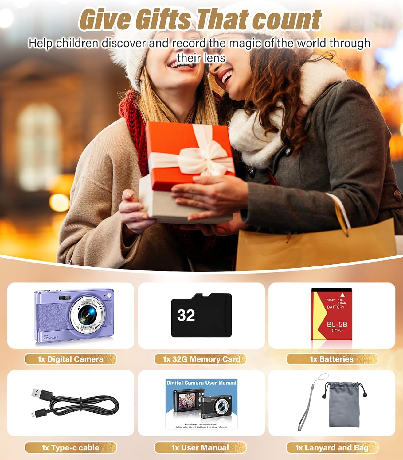 2025 New Digital Camera, 56MP FHD 1080P for Kids with 16x Digital Zoom Anti Shake, Face Detect, Smile Capture, 32GB TF Card, Battery, Lanyard, a Great Gift for Boys & Girls(Purple) - Image 7