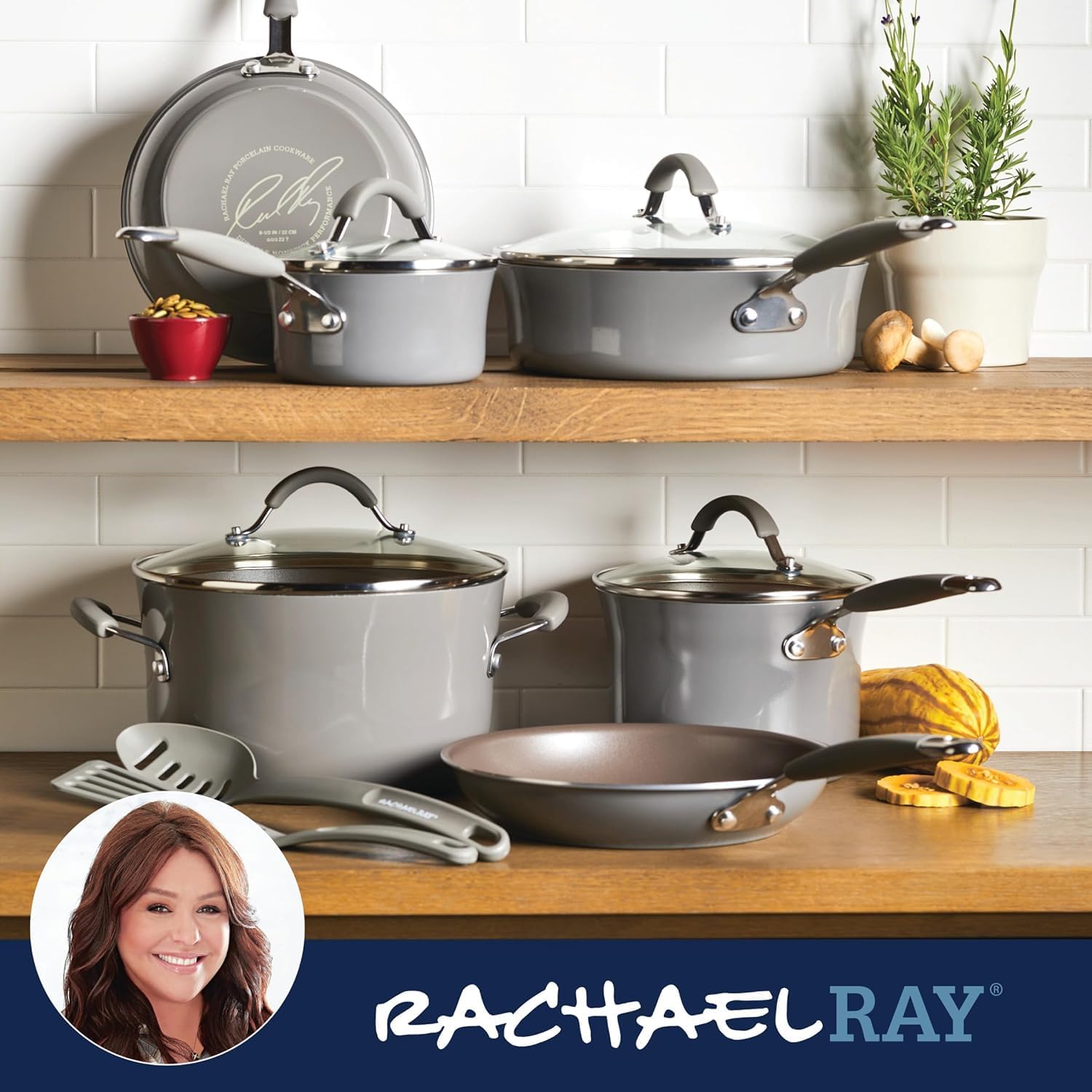 Rachael Ray - 16802 Rachael Ray Cucina Nonstick Cookware Pots and Pans Set, 12 Piece, Sea Salt Gray - Image 7