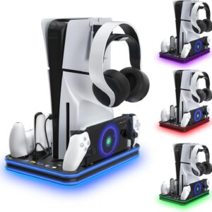 PlayStation Portal Charger, PS5 Stand and Cooling Station with RGB LED Controller Charging Dock Accessories, PS5 Edge Controller and PS Portal Charger, Headset and Remote Holders