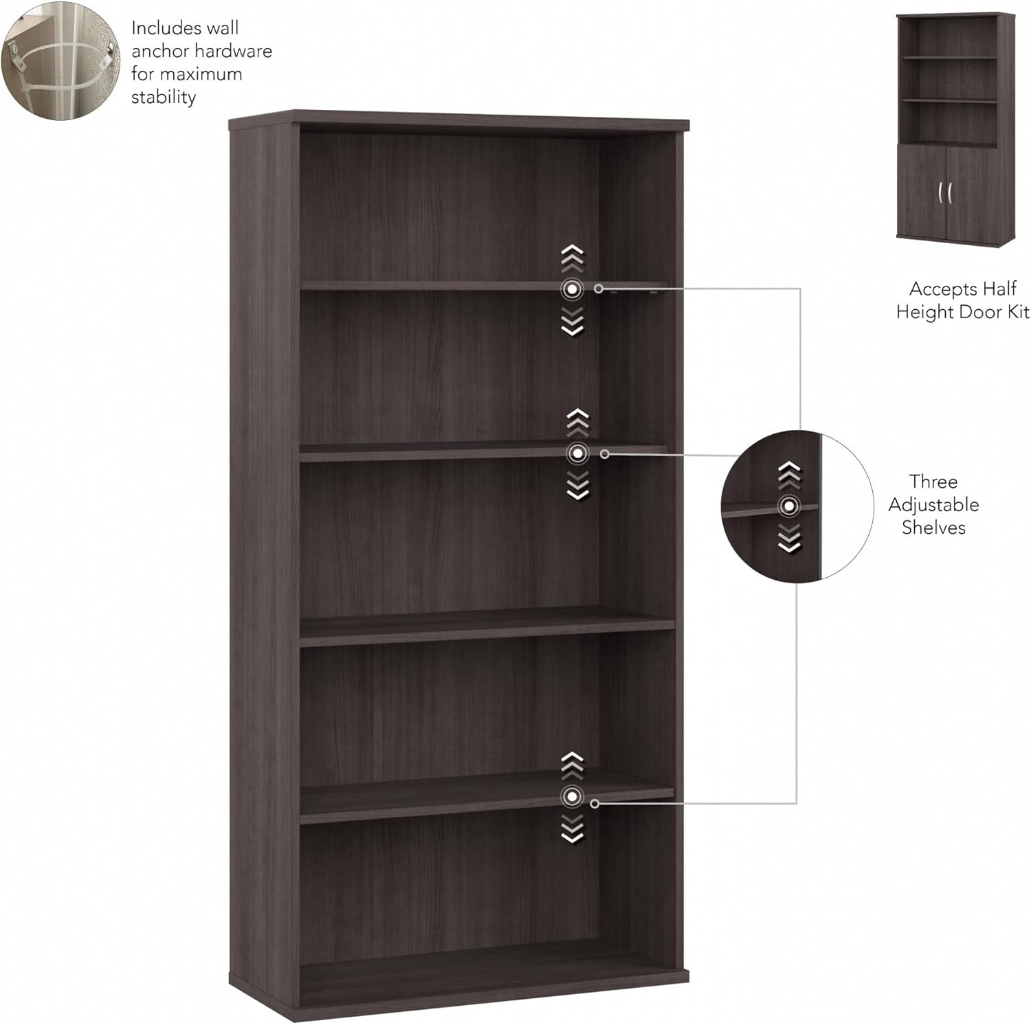 Bush Business Furniture Studio C Tall 5 Shelf Bookcase in Storm Gray, Large Bookshelf for Home or Professional Office - Image 6