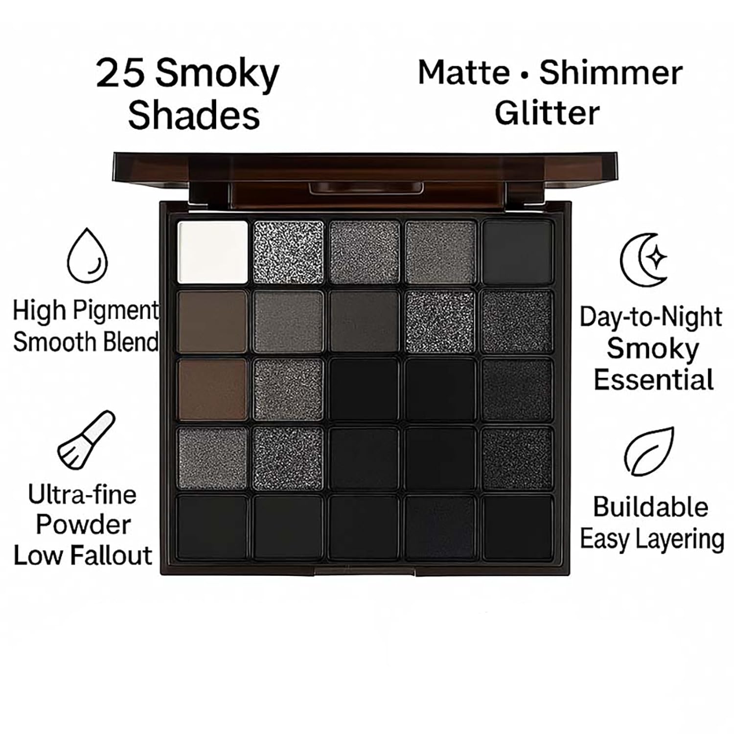K'APEINE 25 Color Black Eyeshadow Palette, Smoke Eyeshadow Palette Silver Smokey Eye Shadow Matte Velvet & Metallic Shimmer Cool Smoky Dark Shades for Goth Makeup No Fading, Long Lasting Waterproof - Image 2