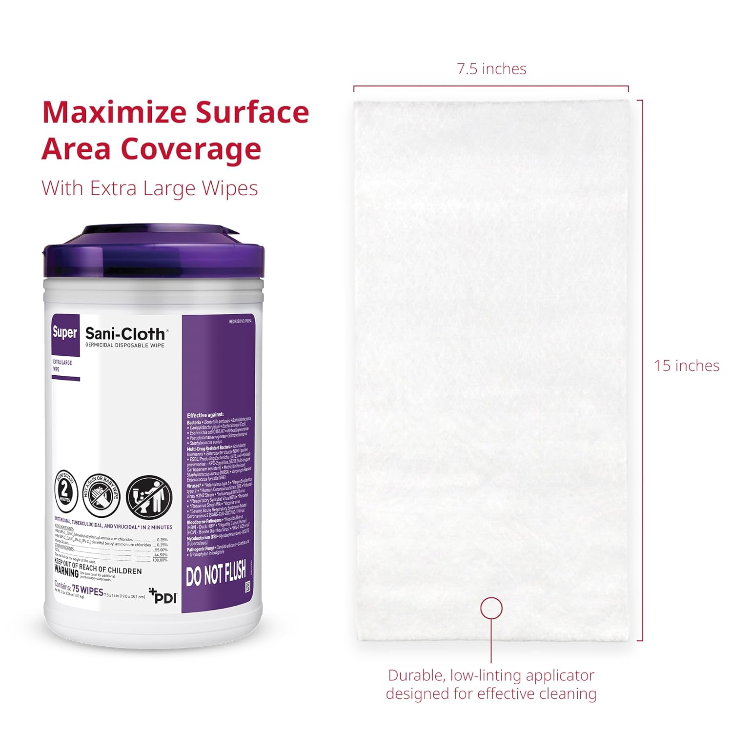 Super Sani-Cloth X-Large Disinfectant Wipes, 6-Pack (450 Count), 75 XL 7.5" x 15" Wipes, Hospital-Grade Surface Cleaning and Disinfecting - Image 5