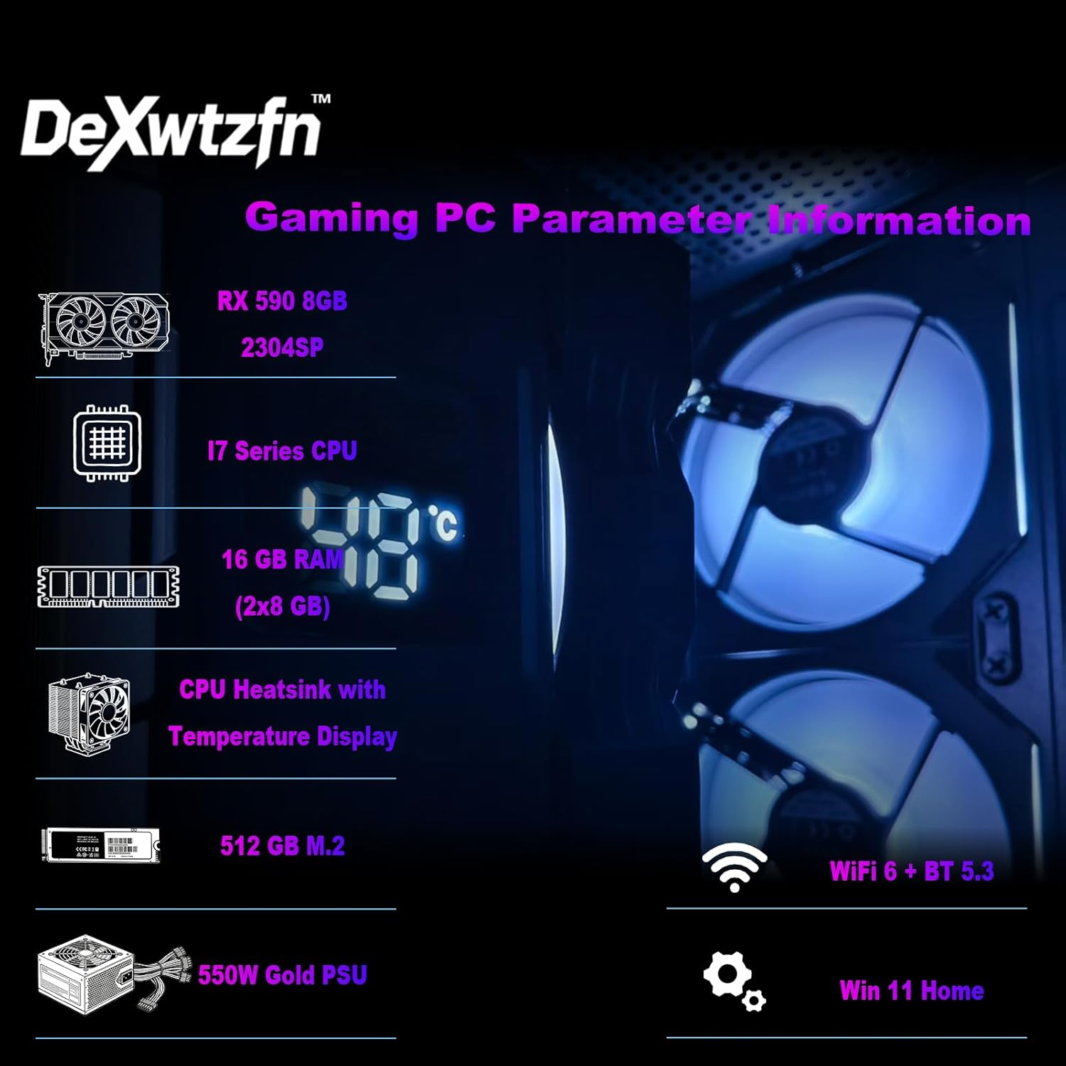 Gaming PC, i7 CPU Up to 4.2 GHz, RX 590 2304 SP 8GB, 512GB SSD, 16GB RAM, RGB Fansx4 for Desktop PC, WiFi 6 BT 5.3, Win11 (i7+RX 590+512GB) - Image 2