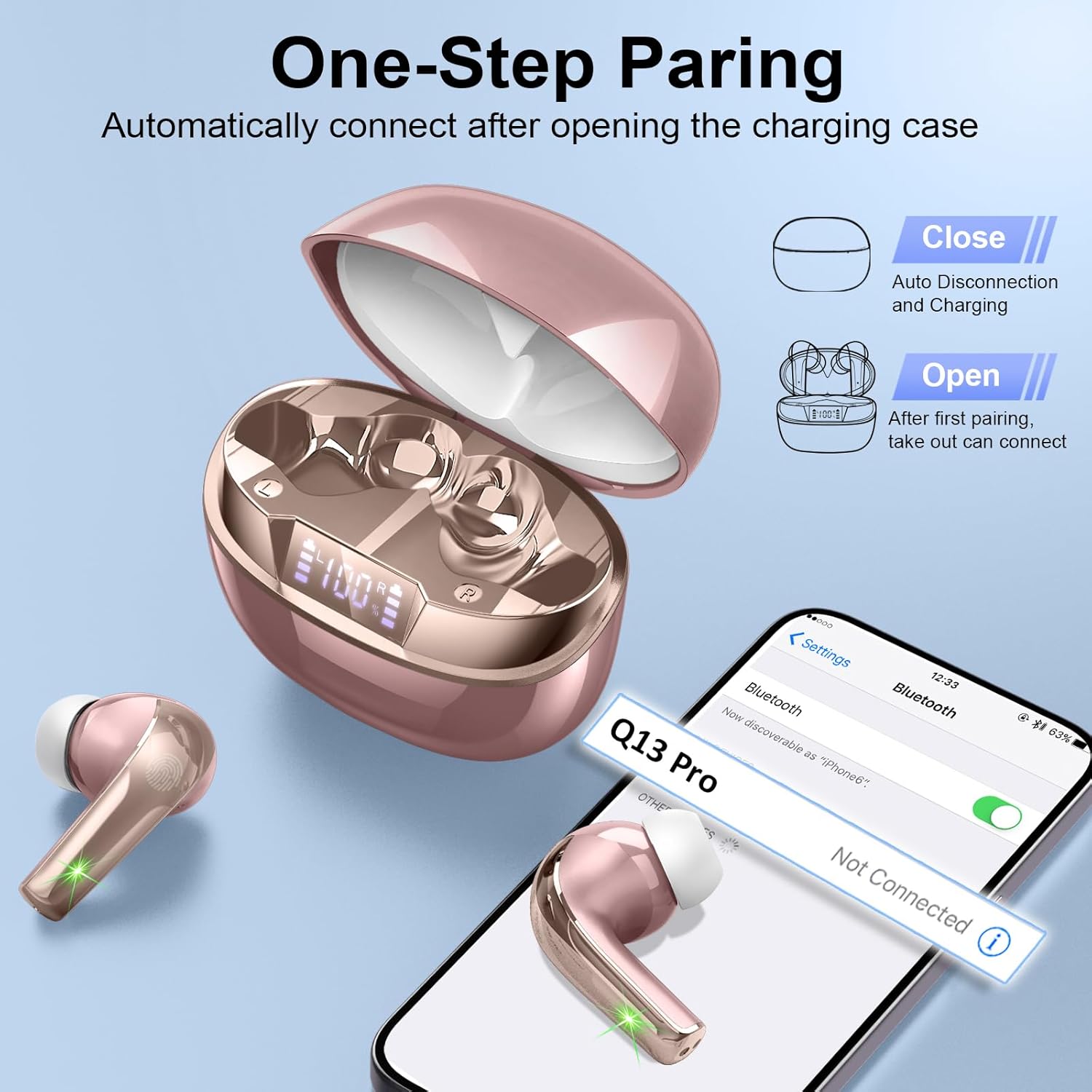 Wireless Earbuds, Bluetooth 5.4 Headphones in Ear, Mini Bluetooth Earbuds HiFi Stereo Deep Bass with 4 ENC Noise Cancelling Mic, Wireless Ear Buds 47H Long Playtime LED IP7 Waterproof USB-C(Rose Gold) - Image 3