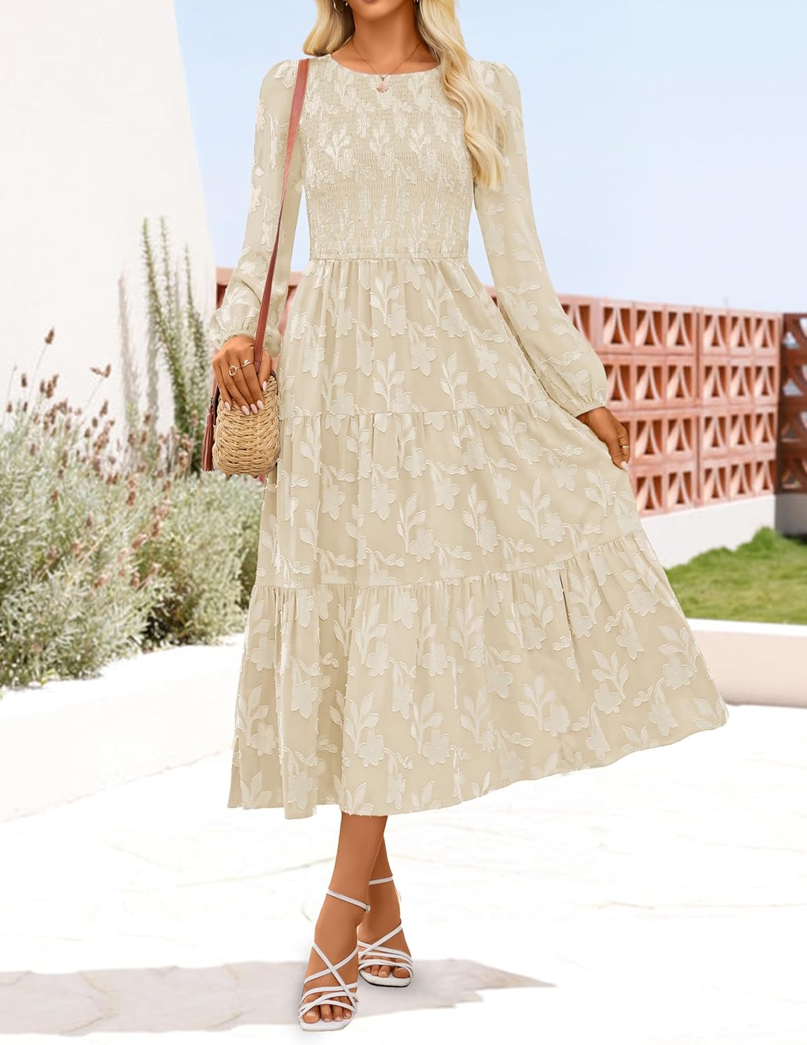 ZESICA Women's Fall Boho Floral Midi Dress 2026 Casual Long Sleeve Crewneck Flowy Wedding Guest Long Dresses - Image 9