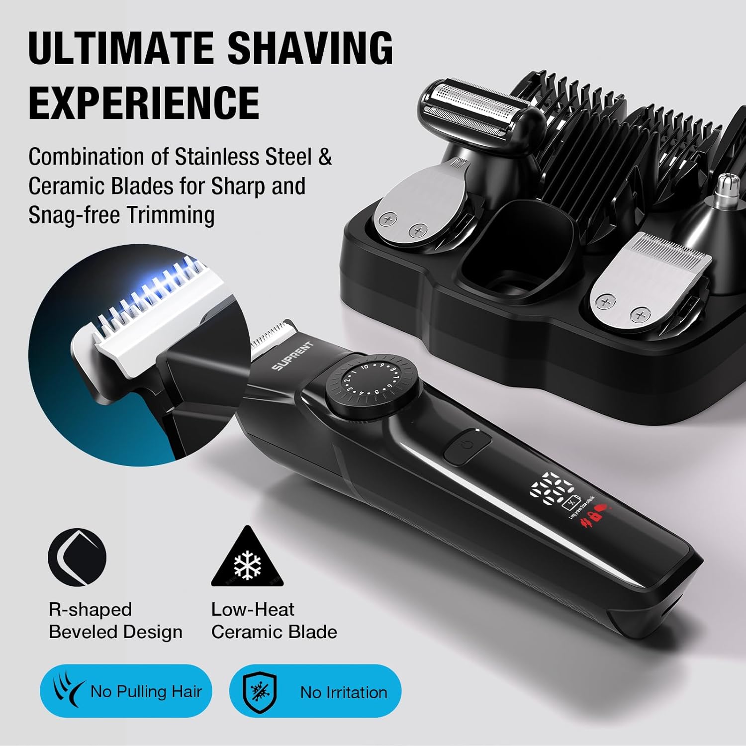 SUPRENT Beard Trimmers for Men - All-in-One Mens Grooming Kits with 40 Precision Dials,Waterproof Adjustable Trimmers for Hair, Beard, Face, Nose & Body, USB-C Rechargeable, 3.5H Running Time (Black) - Image 4