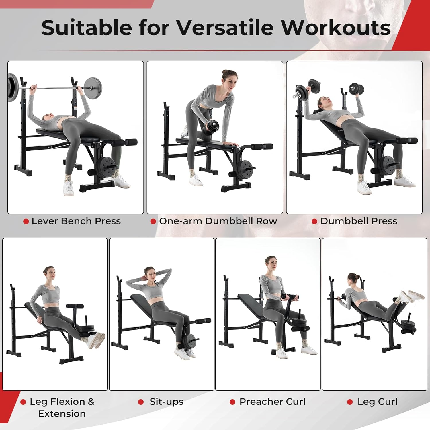 GYMAX Adjustable Weight Bench, Foldable Weight Bench with Squat Racks, Leg Extension & Leg Curl, Strength Training Workout Bench Press, Olympic Weight Lifting Bench Set for Home Gym - Image 4