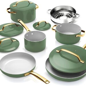 Gotham Steel Modern 11 Pc Ceramic Cookware Set, Elegantly Designed Pots and Pans Set Non Stick with Steamer, Induction Bottom, Premium Stay Cool Handles, Non Toxic PFOA Free, Oven & Dishwasher Safe