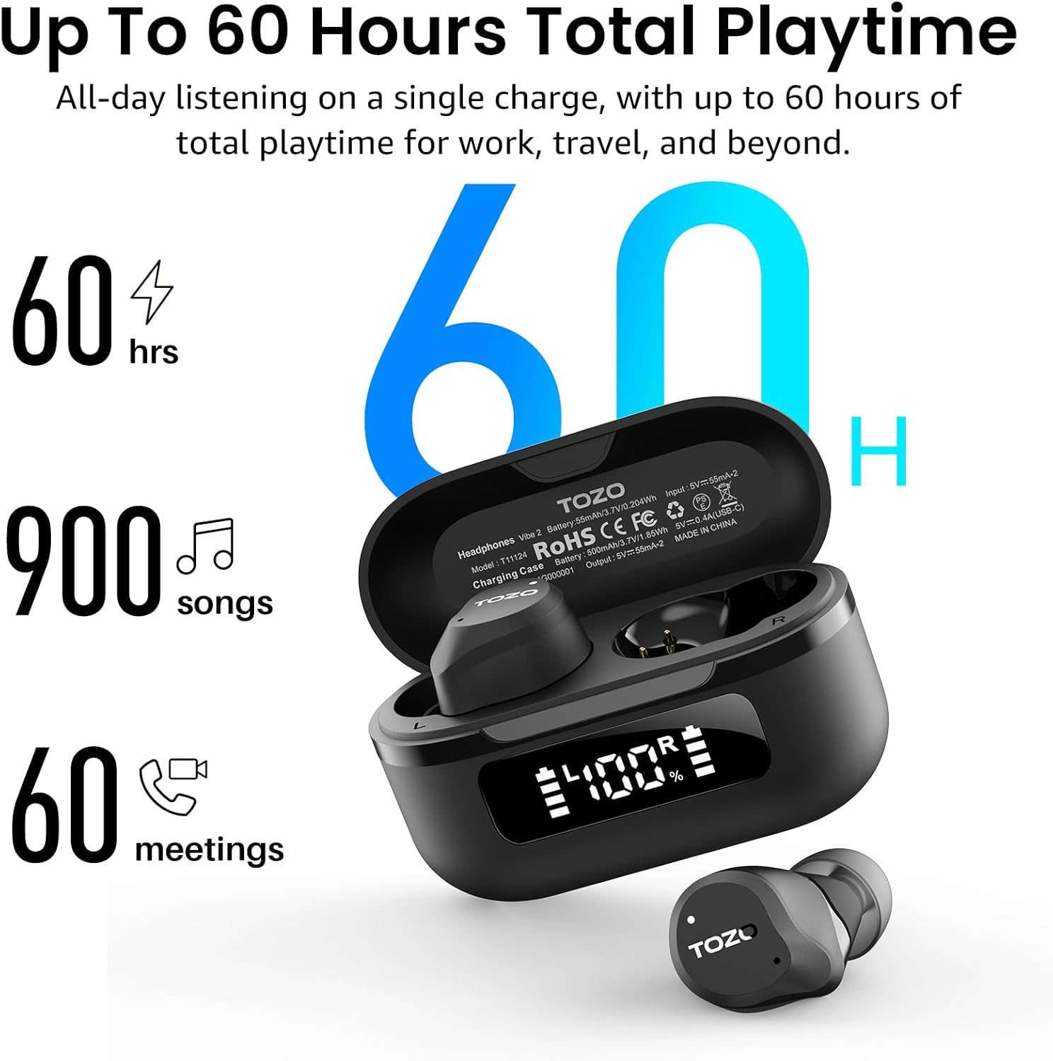 TOZO NC9 Hybrid Active Noise Cancelling Wireless Earbuds, 6 Mics ENC Clear Call, IPX8 Waterproof, in Ear Bluetooth 5.3 Headphones Stereo Bass Ear Buds 60H Playtime with LED Display 32 EQs via APP - Image 4