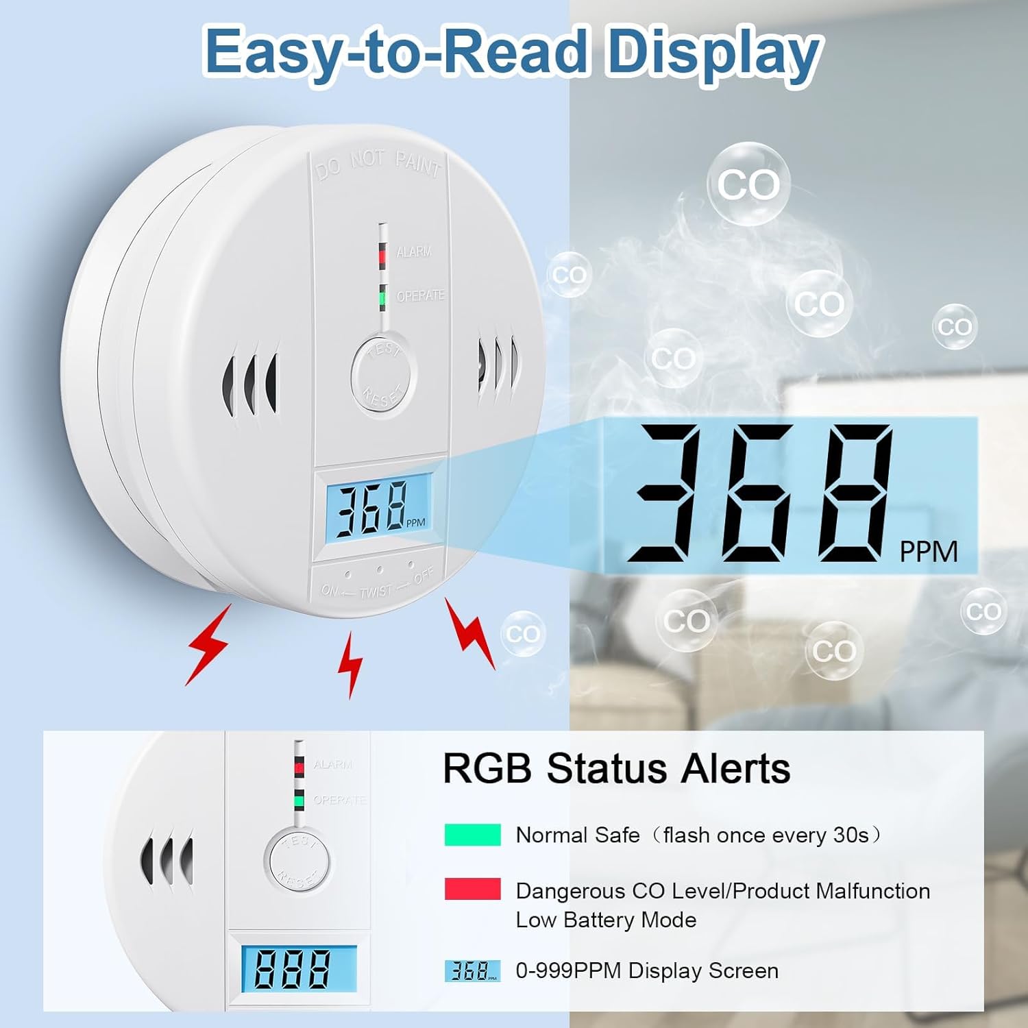 3 Pcs Carbon Monoxide Detectors, CO Detector, Carbon Monoxide Alarm Battery Powered with LCD Display, CO Alarm Carbon Monoxide Detector for Home (Batteries Included) - Image 3