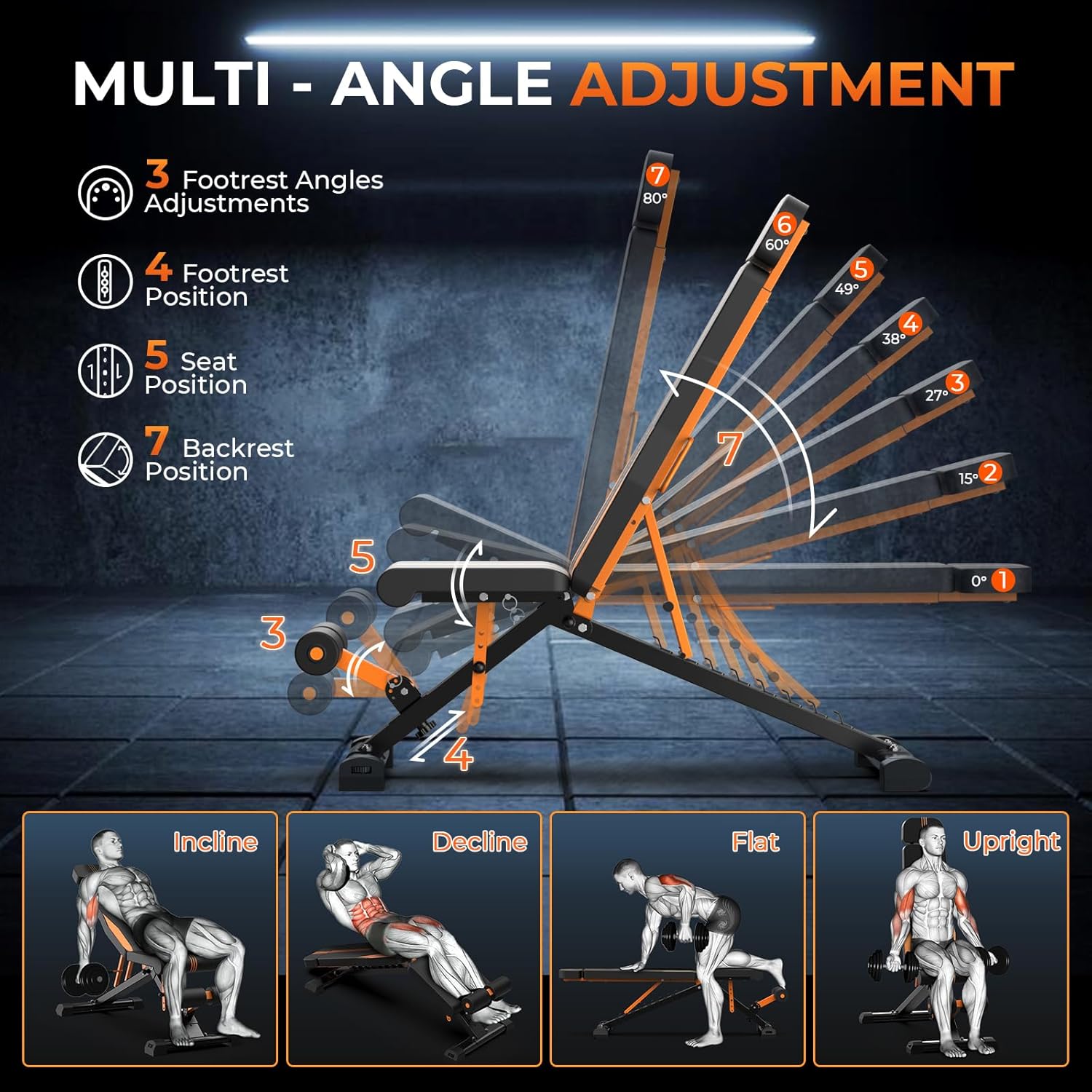 1000LBS Adjustable Lifting Weight Bench, Foldable Workout Bench Press with 36" Extended Backrest for Home Gym Strength Training, Flat Incline Decline Benches with 80x40MM Steel for Full Body Exercise - Image 5