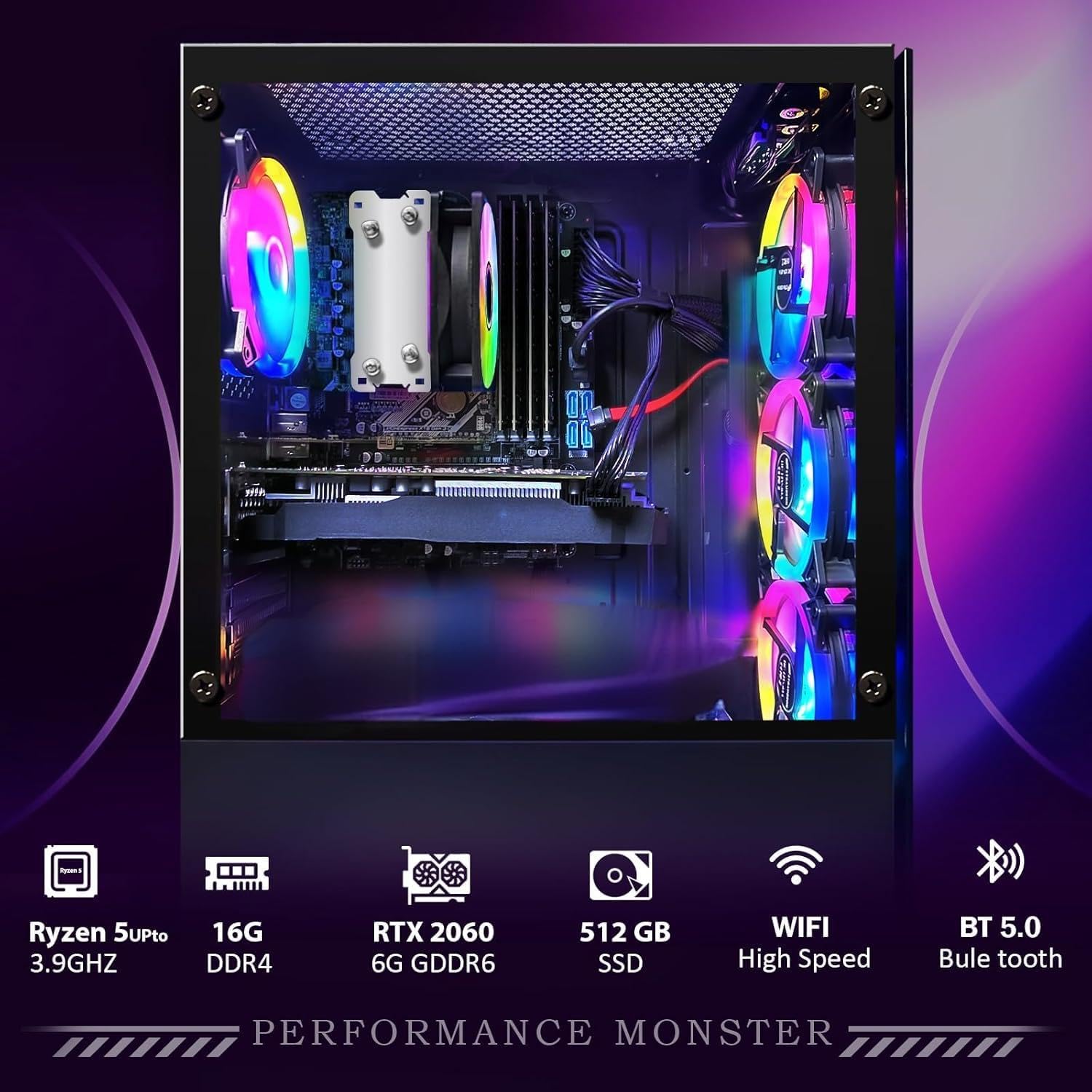 STGAubron Gaming PC Desktop Computer, AMD Ryzen 5 2600 up to 3.9G, GeForce RTX 2060 6G, 16G DDR4, 512G SSD, 600M WiFi, BT 5.0, RGB Fan x4, Windows 11 Home - Image 4