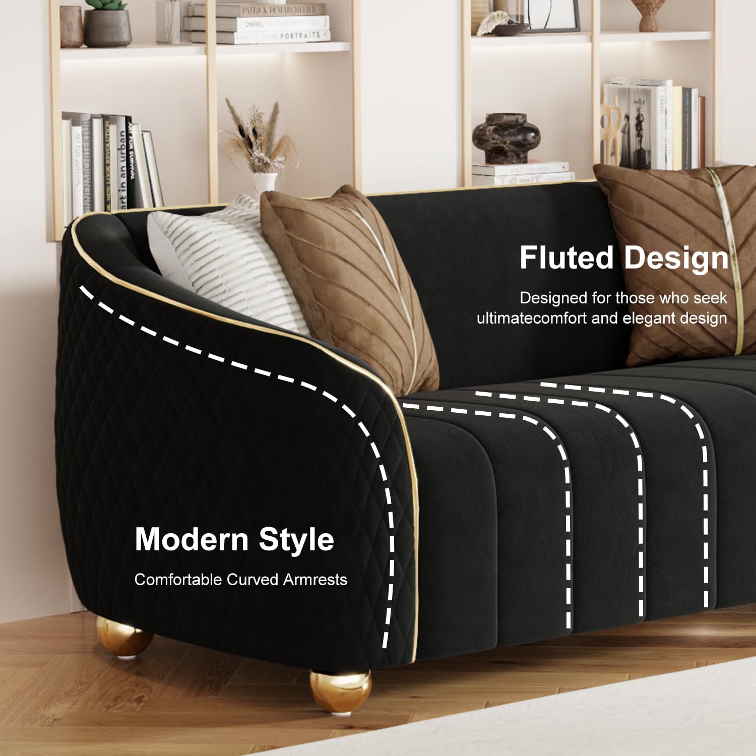 2-Piece Velvet Sofa Set - Two 85" 3-Seaters, Modern Plush Spring Cushions, Solid Wood Frames, Spacious Deep Seats Couch for Small Apartment, Family Living Room & Home Office (Black, 3S+3S) - Image 3