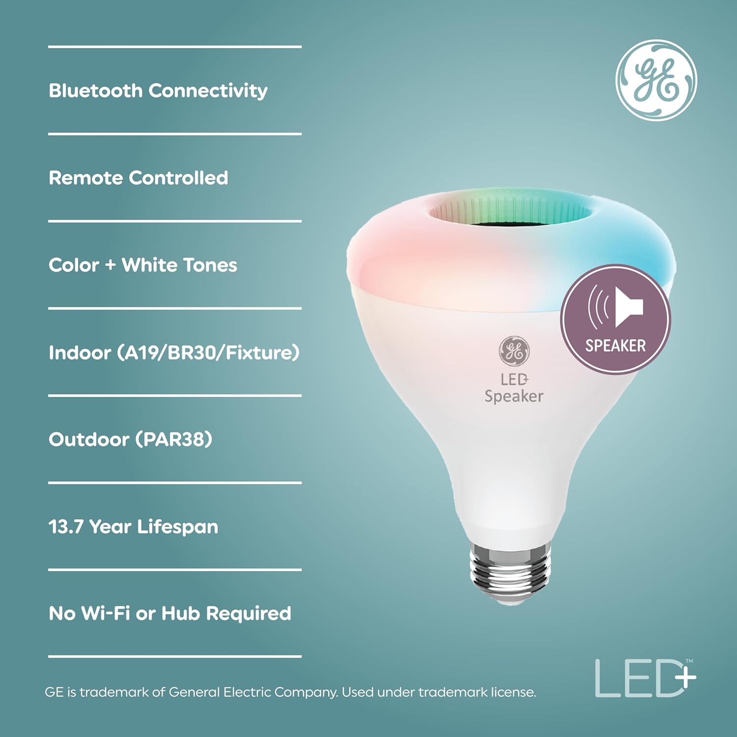 GE LED+ Color Changing Speaker LED Light Bulb, BR30 Indoor Floodlight Bulb, Soft White and Multicolor (1 Pack) - Image 2