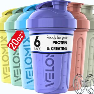 VELOMIX -6 PACK- 20 OZ Protein Shaker Bottles for Protein Mixes, Shaker Cups for Protein Shakes, Small Shaker Bottle Pack, Shaker Cup, Shakers for protein Shakes (Pastel Shades – 6 Pack)