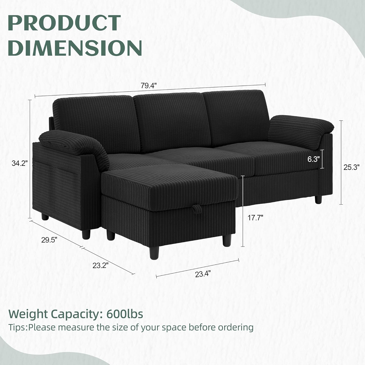 Vongrasig Convertible Sectional Couches, 3 Seat L Shaped Couch Sofa with Removable Pillows Soft Corduroy Fabric Small Couch Mid Century for Living Room, Apartment and Office Black - Image 2