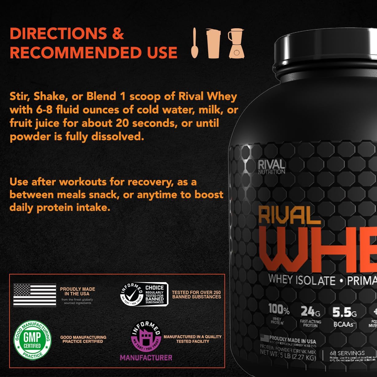 RIVAL NUTRITION Rival Whey – 5LB Rich Chocolate – Whey Isolate Primary Source Protein Powder | 24g Protein for Muscle Gain - 70 Servings - Image 6