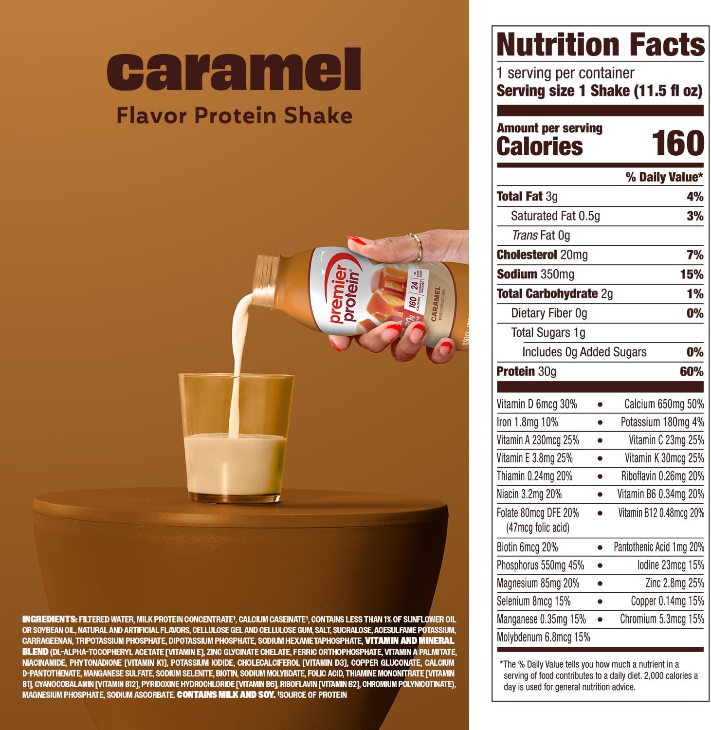 Premier Protein Shake, Caramel, 30g Protein, No Added Sugar, 24 Vitamins & Minerals to Support Immune Health, 11.5 fl oz, 6 Pack (Packaging May Vary) - Image 6