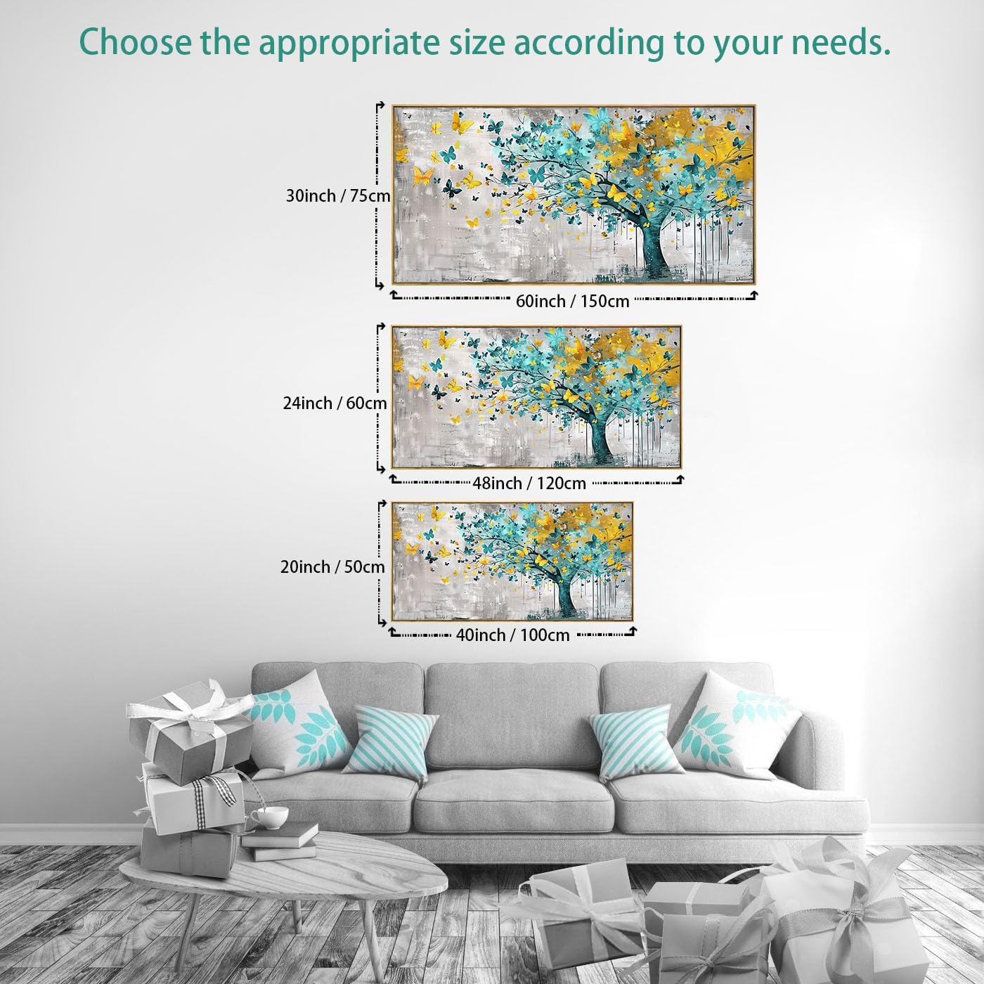 Wall Art Tree of Life Wall Decor Abstract Graffiti Teal Blue and Yellow Butterflies Canvas Painting for Bedroom Living Room Dining Room Home Office Decor 20"x40" with Framed - Image 8