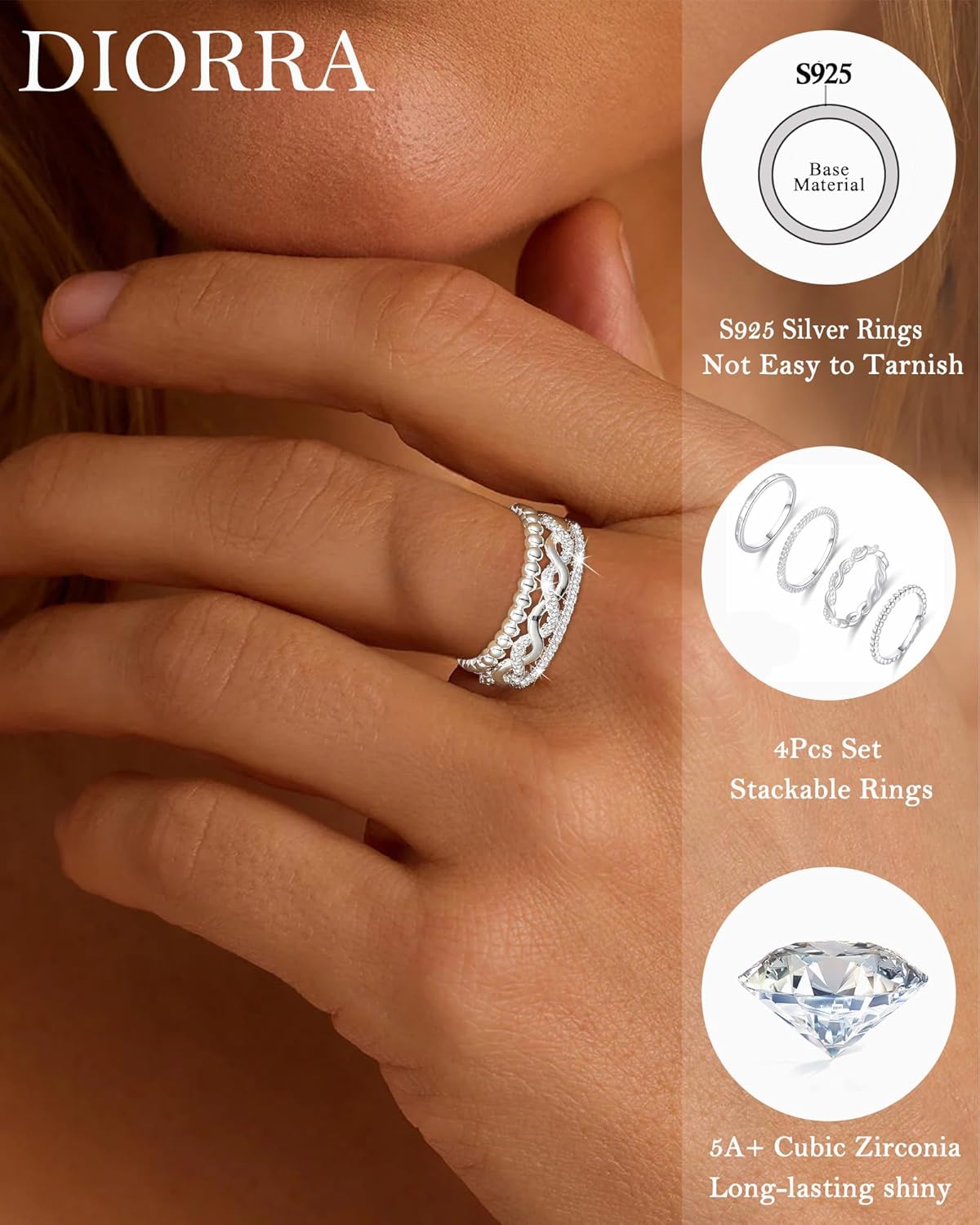 Sterling Silver Ring for Women, 4PCS Thin Stackable Rings Cubic Zirconia Thumb Ring Set Engagement Statement Wedding Bands for Women Size 5-10 - Image 3