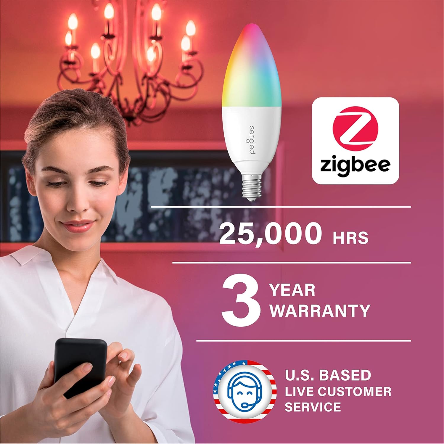 Sengled Zigbee Smart Candelabra Bulbs, Hub Required, Dimmable Multicolor E12 LED Candle Light Bulb Work with Alexa Echo(4th Gen), Echo Plus, Google/SmartThings, Voice/APP Control, 450 LM/40W Eqv. 4PK - Image 2