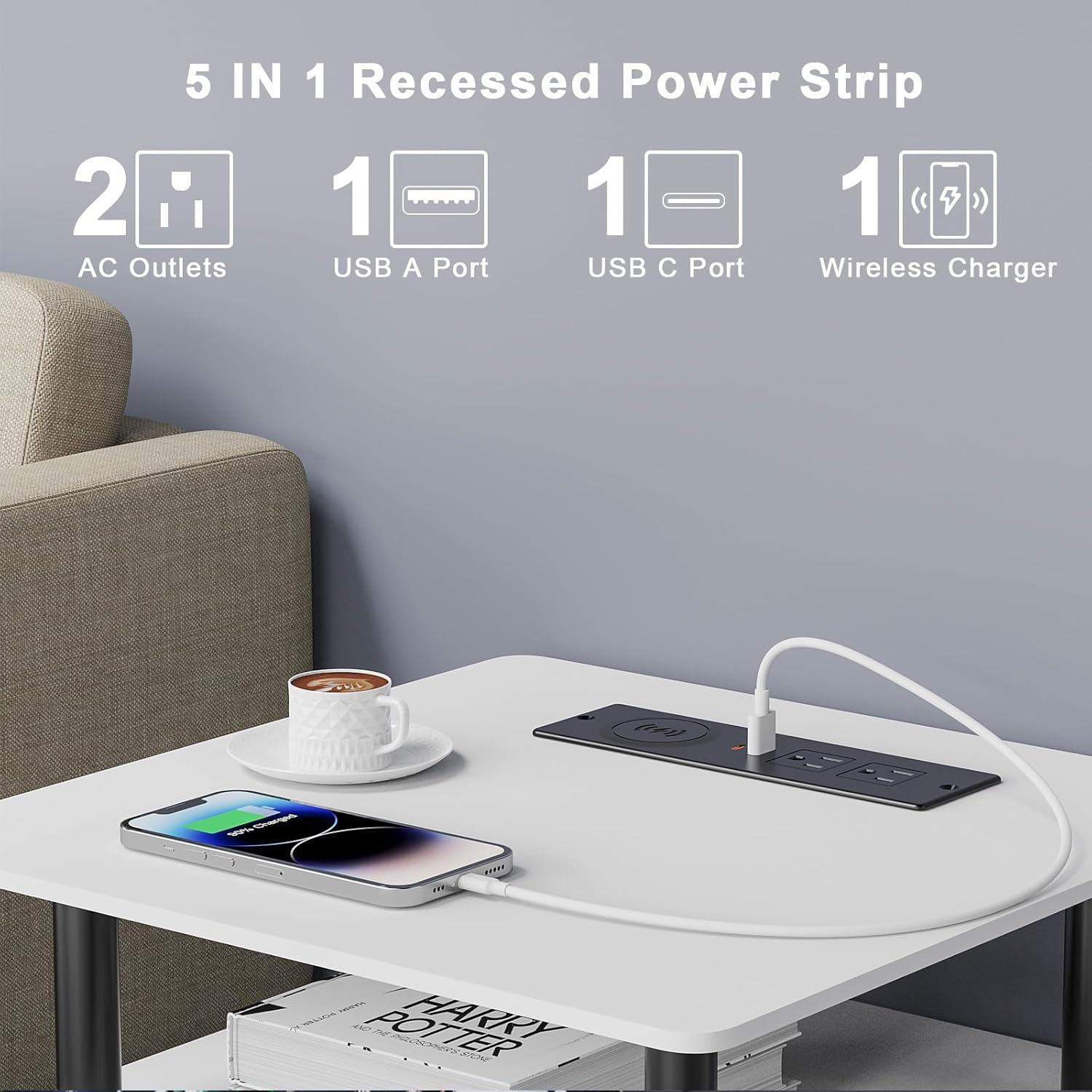 Recessed Power Strip with 15W Wireless Charger, Haiaoyyds Flush Mount Power Strip with 2 Outlets, 2 USB, and 6.56FT Flat Plug Cable, Furniture Recessed Outlet for Drawer, End Table, Sofa, Cabinet - Image 2