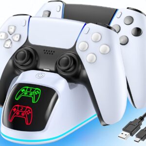 Controller Charger for PS5, Dual Charging Dock Station for PlayStation 5 Dualsense & Edge with RGB Light, Fast PS5 Dual Controller Charging Station with Cable for PlayStation Games