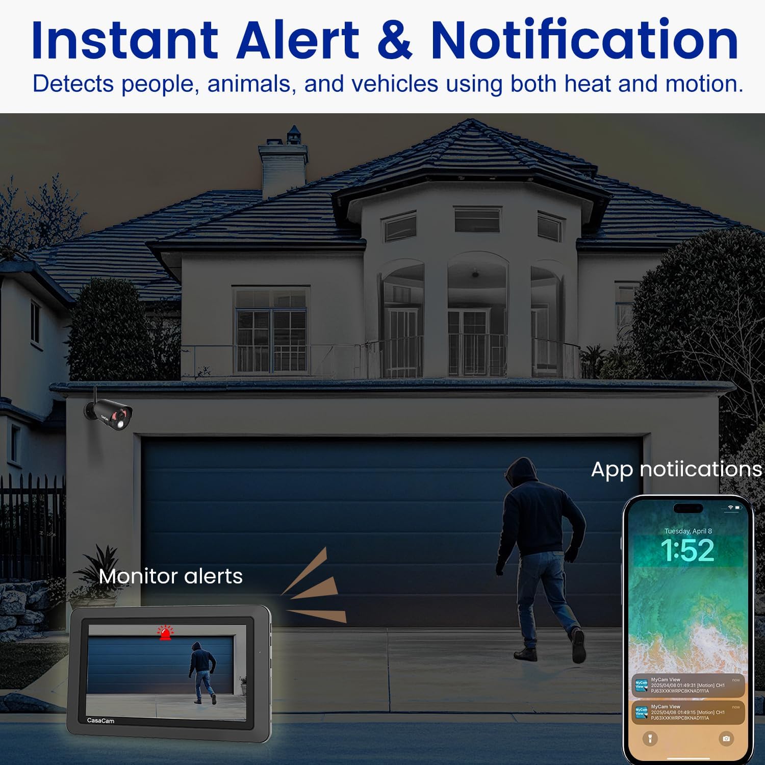 CasaCam GuardianCam Air | Wireless Security Camera System with 7" Touchscreen Monitor and 2 720p Cameras | AC Powered, Two-Way Audio, Free APP, 32GB SD Card and Battery Installed, Model VS802 - Image 4