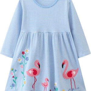 Hongshilian Girls Cotton Long Sleeve Dress Casual Cartoon Appliques Party Dresses