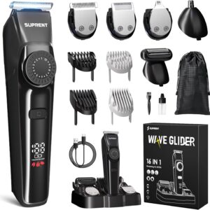 SUPRENT Beard Trimmers for Men – All-in-One Mens Grooming Kits with 40 Precision Dials，Waterproof Adjustable Trimmers for Hair, Beard, Face, Nose & Body, USB-C Rechargeable, 3.5H Running Time (Black)