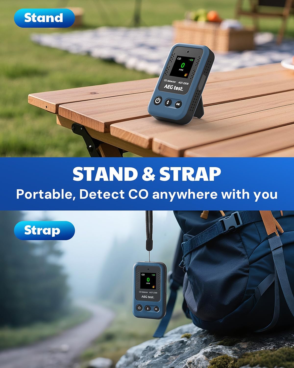 AGT-2309 Portable Carbon Monoxide Detector, 15-Day Standby, Rechargeable Mini CO Monitor with Lanyard for Travel & Camping, Handheld CO Meter with Audible & Visual Alerts, 0-1000ppm - Blue - Image 5