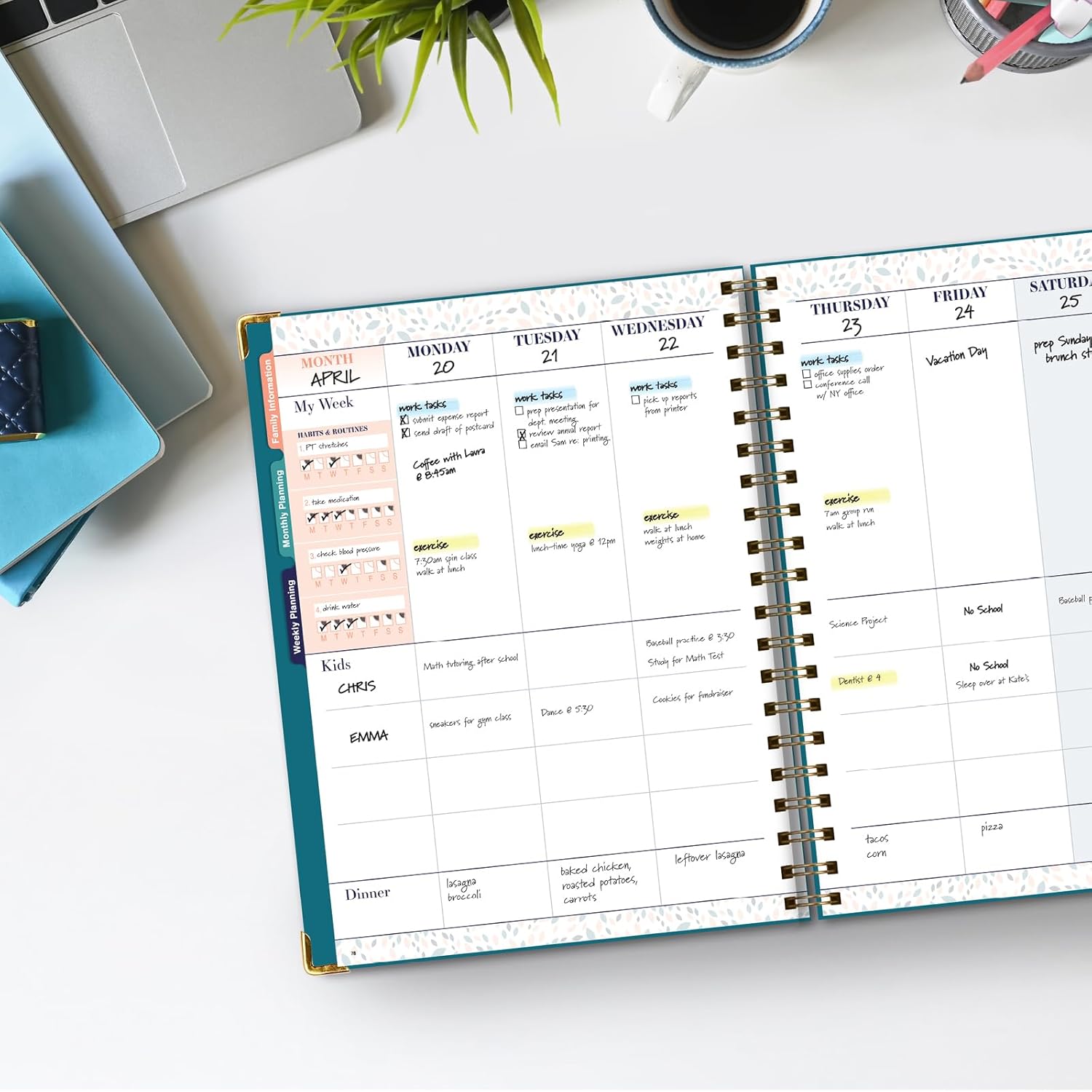 Undated Family Planner Organizer – 8.5" x 11" Weekly & Monthly Calendar for 5+ People, Meal Planning, Budgeting, Habit Tracker – Hardcover, Household Schedule Organizer for Parents, Kids, & Caregivers (Teal Floral) - Image 8