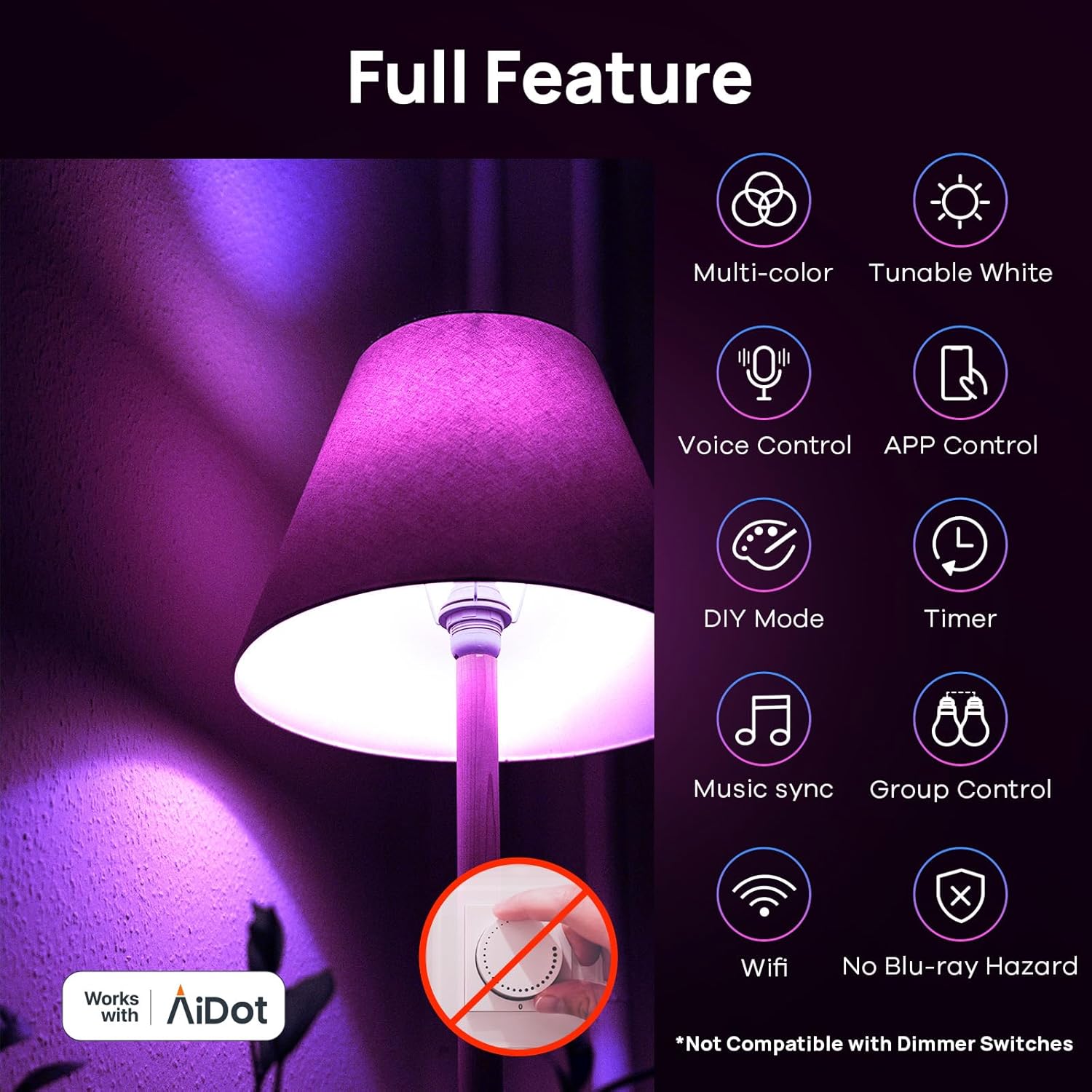 Linkind Matter Smart Light Bulb, WiFi Smart Bulbs, Work with Apple Home, Siri, Alexa, Google, SmartThings, RGBTW Color Changing Bulbs Mood Lighting, Music Sync, A19 E26 60W, 2.4Ghz WiFi 6 Pack - Image 8