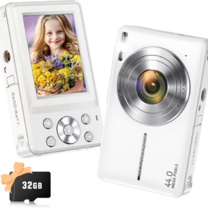 Digital Camera, Jukanur Upgraded Camera for Kids with 32GB Card, 16X Zoom, Point and Shoot Digital Camera with Anti-Shake, Timestamp, Flashlight, Portable Travel Camera for Teens Girls,Boys, White