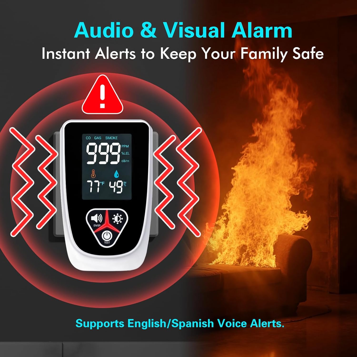 5-in-1 Plug in Gas & Smoke & Carbon Monoxide Detector, Combination CO Alarm with Temperature(°F) & Humidity HD Screen Supports English/Spanish Ideal for Home, RVs, Apartment (1 Pack) - Image 4