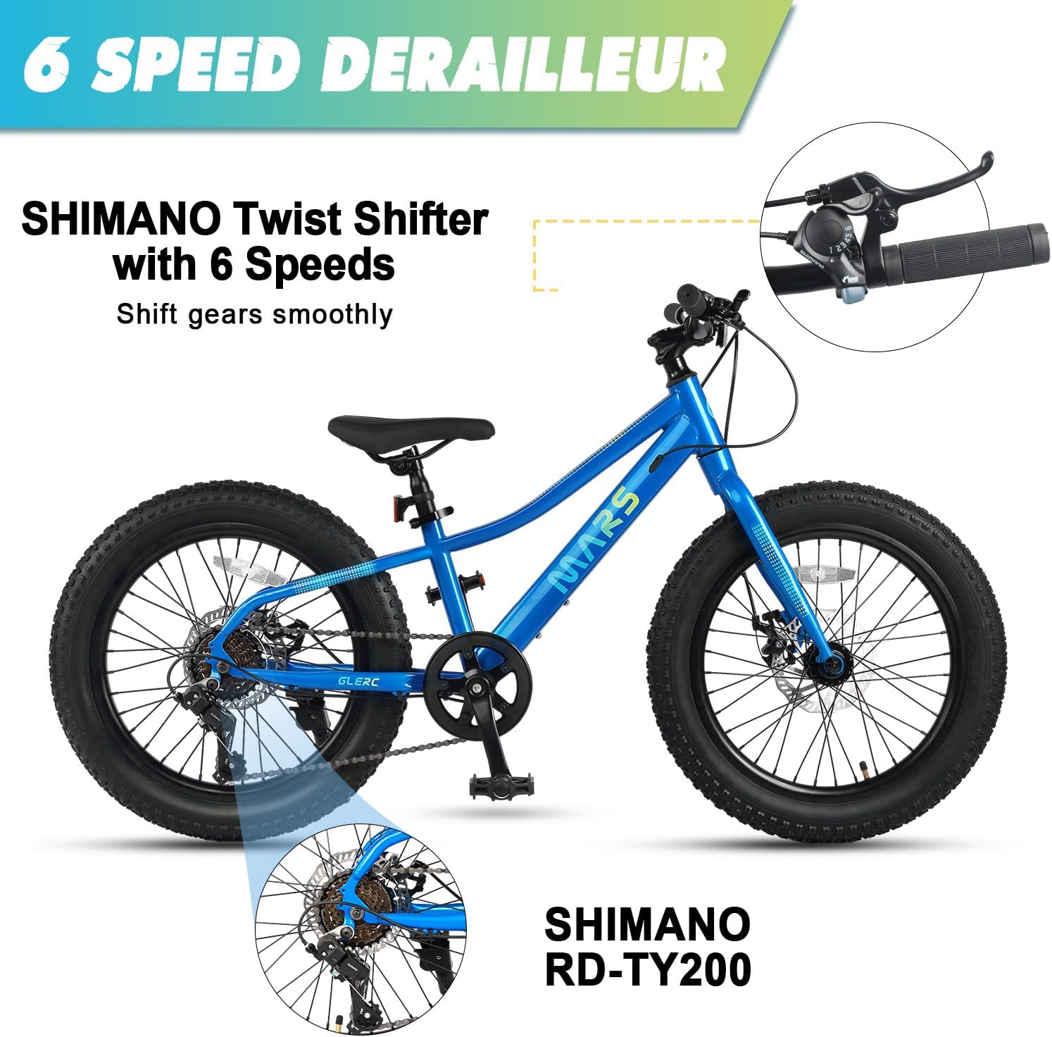 Glerc Mars Kids Mountain Bike, 20 24 Inch Fat Tire Bike for Teen Ages 6-14 Year Old, Bicycle with 2.8-Inch Wide Tires and 6 Speed Drivetrain, Multiple Colors - Image 3