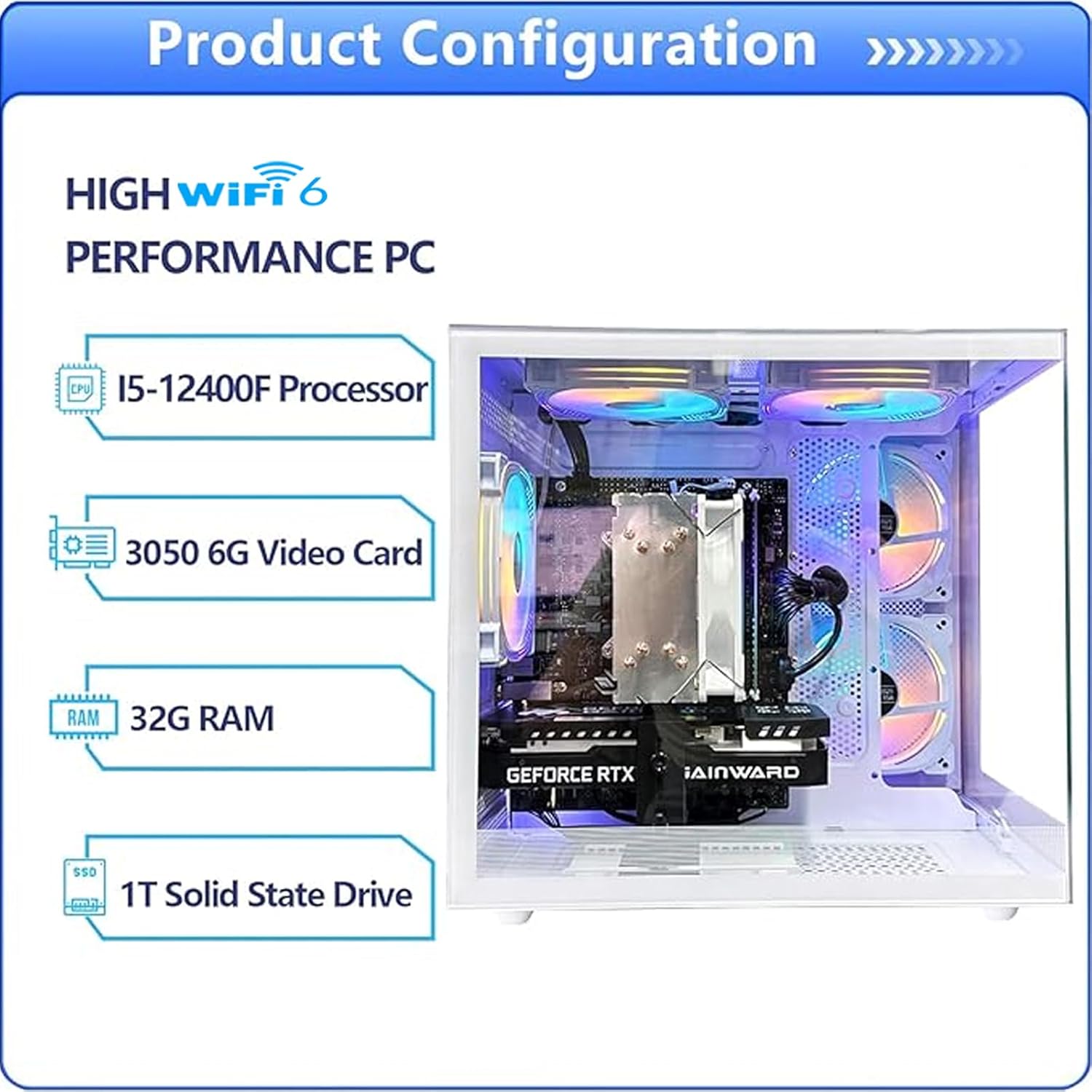 Desktop Computers,32G RAM,1TB NVMe SSD,Core i5-12400F,RTX 3050 6G,Prebuilt Gaming PC,Tower Computer Gamer,Work,VR,4K,Home and Business WiFi 6 White - Image 3