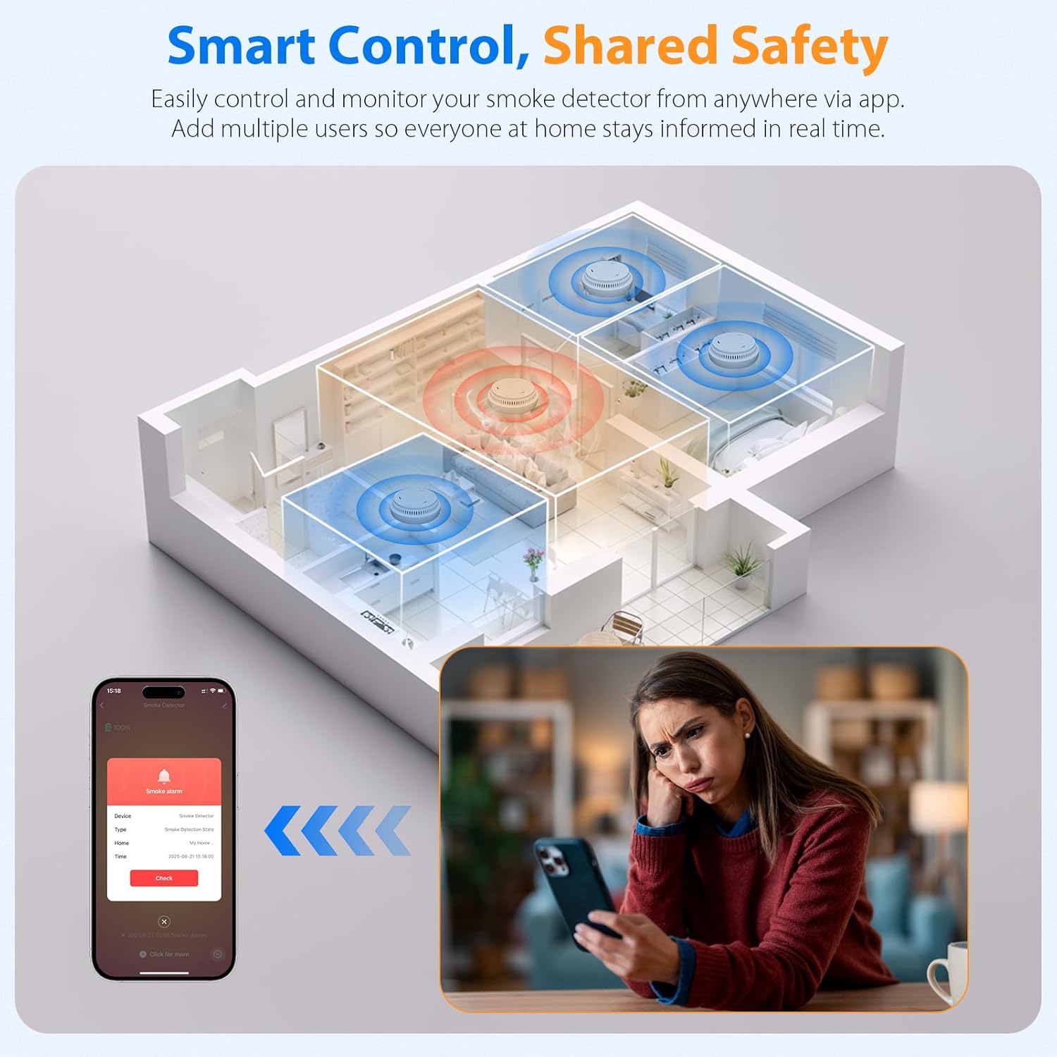 3-Pack WiFi Smoke Detectors – Smart Fire Alarms with App Control, Low Power Alert, Quick Battery Access, Silence & Test Functions, Includes 6 AAA Batteries - Image 4