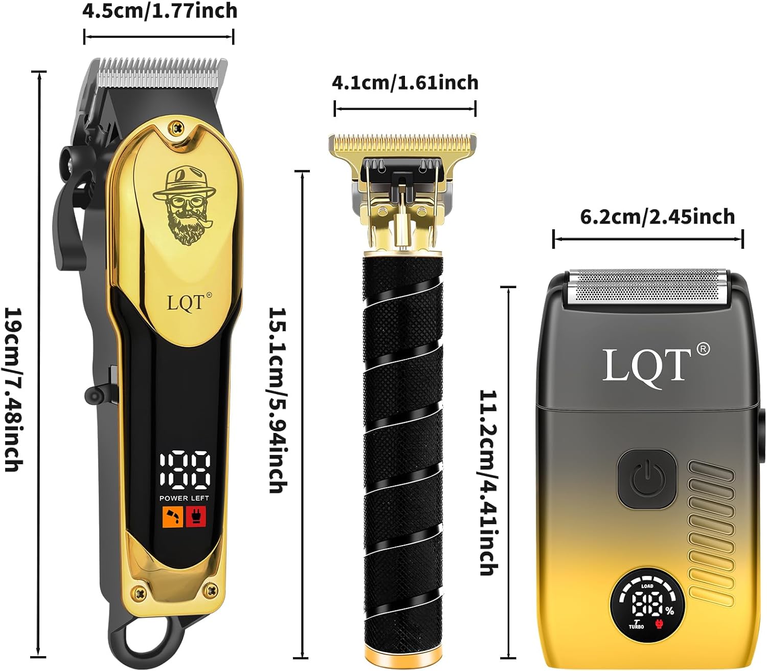 3-in-1 Barber Kit, Professional Hair Clipper, T-Blade Trimmer & Foil Shaver Set, Long-Lasting Battery, LED Display, Cordless Rechargeable Hair Cutting Tools for Men, Gold, Home-use, Gifts for Men - Image 8