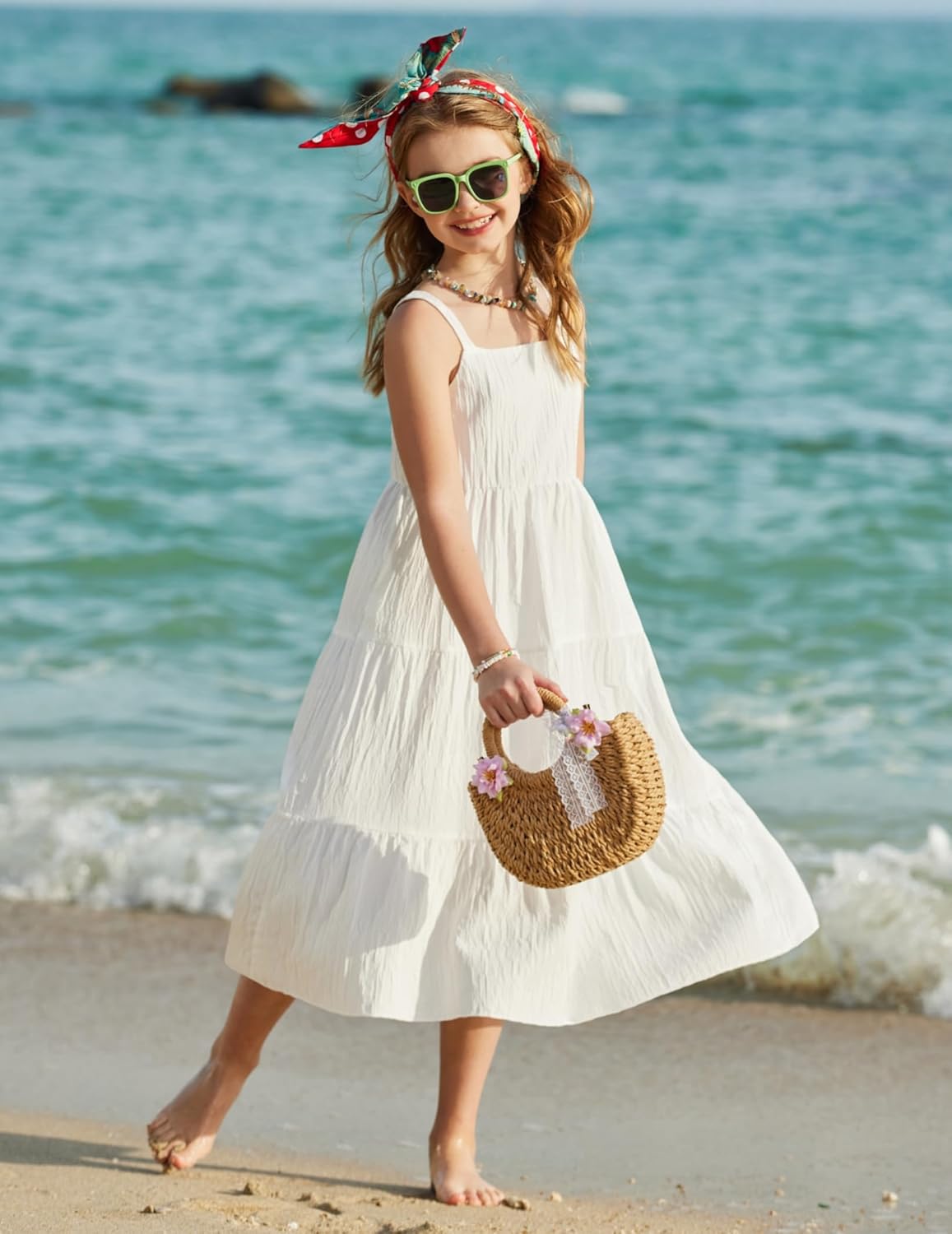 Arshiner Girl's Sundresses Summer Boho Strap Tiered Cami Maxi Dresses with Pockets - Image 3