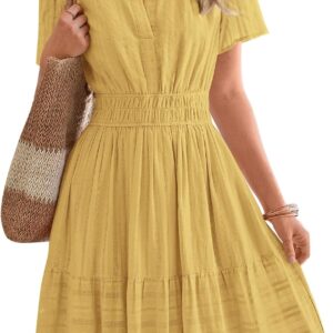 BTFBM Womens Spring 2026 Casual Mini Dresses Lightweight Short Sleeve V Neck Elastic Waist Cute Boho Beach Dress Pockets