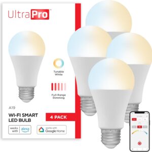UltraPro Wi-Fi LED Smart Light Bulb, A19, 60W Equivalent, White Select Tunable 2700K – 6500K, Full-Range Dimmability, 2.4GHz Router Required, Circadian Rhythm, Easy-to-Use App, 4 Pack, 51453