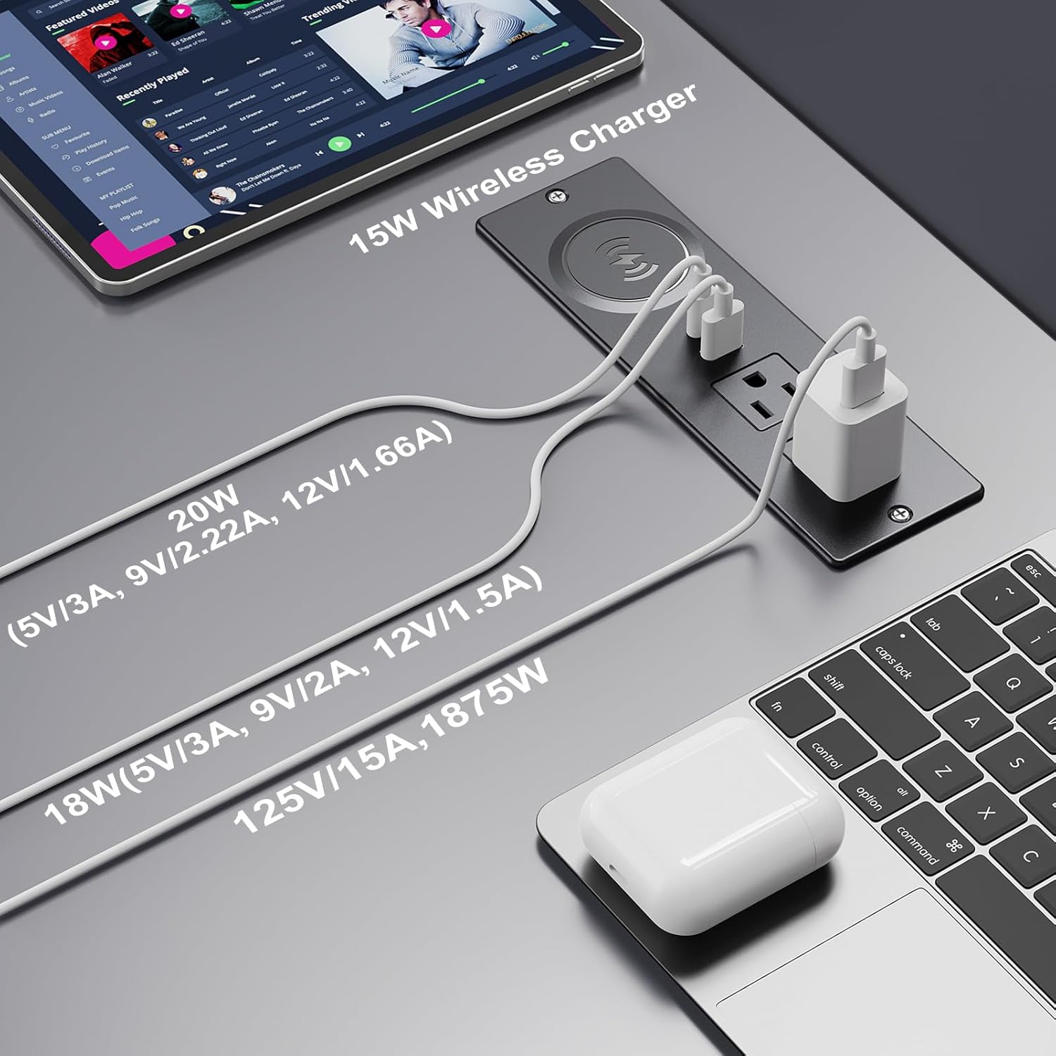 Recessed Power Strip with 15W Wireless Charger, Haiaoyyds Flush Mount Power Strip with 2 Outlets, 2 USB, and 6.56FT Flat Plug Cable, Furniture Recessed Outlet for Drawer, End Table, Sofa, Cabinet - Image 3